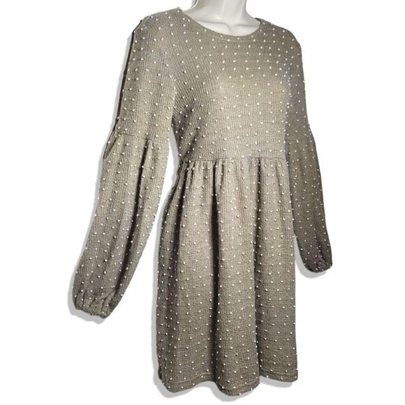 New In - "Mocha Swiss Dot" Puff Sleeved Polkadot Textured Textured Knit Dress - Picture 4 of 8